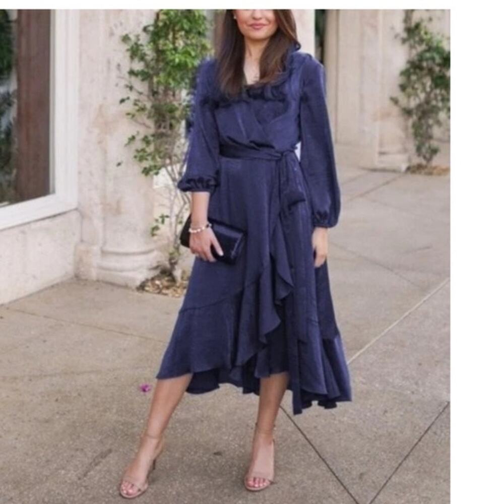 Gal Meets Glam Jennifer Navy Midi Satin Ruffle Wrap Hi Low Dress Size 2
